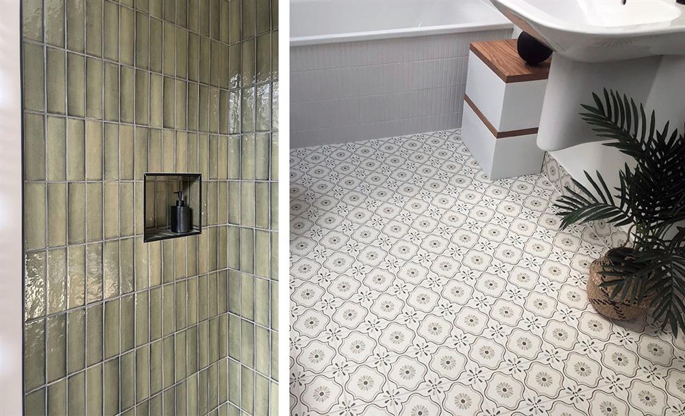 (Left) Vertical Babylon olive metro tiles, (Right) Wentworth flower patterned floor tiles